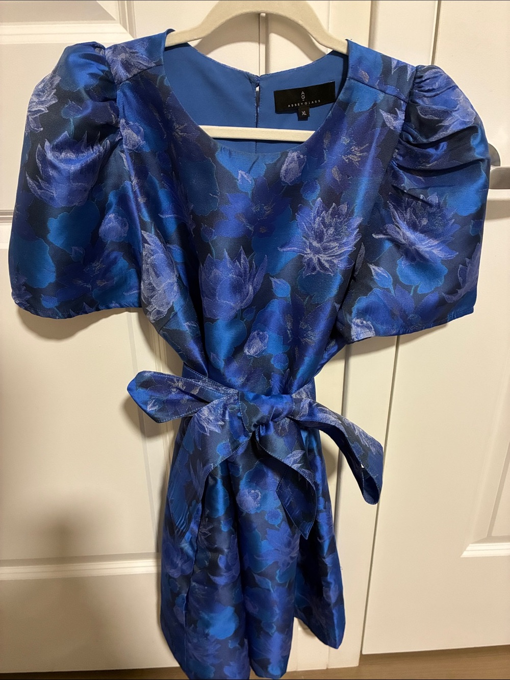 Abbey Glass Marty Blue Floral Puff-Sleeve Tie-Waist Mini Dress